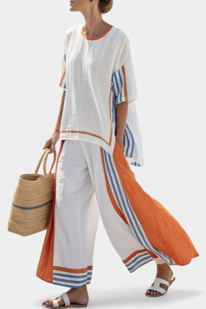 Relaxed Fit Striped Pants and Linen Blouse Set - Olytrend