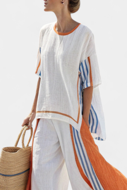Relaxed Fit Striped Pants and Linen Blouse Set