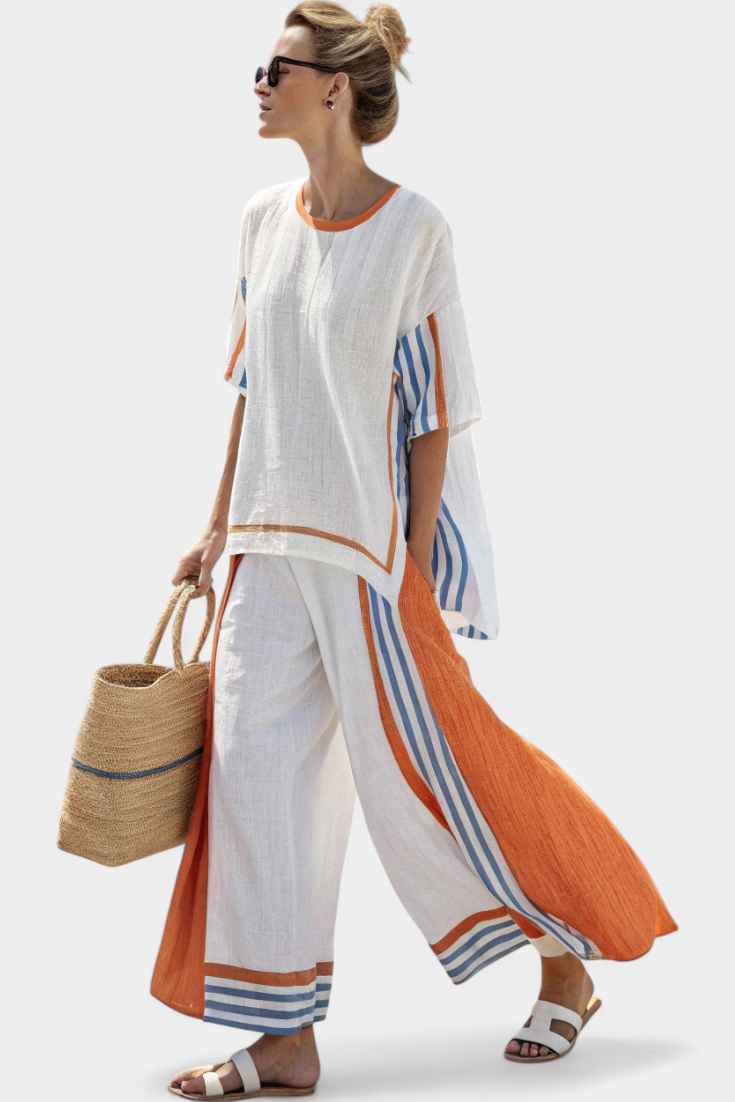 Relaxed Fit Striped Pants and Linen Blouse Set