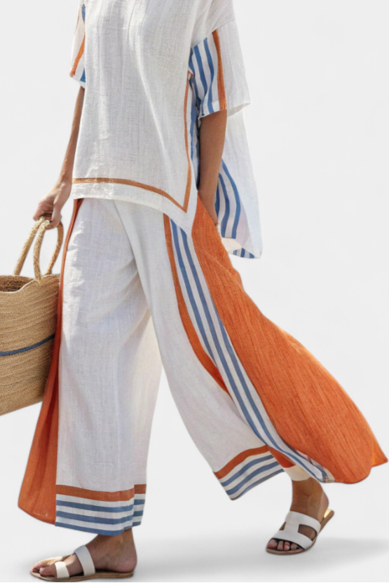 Relaxed Fit Striped Pants and Linen Blouse Set