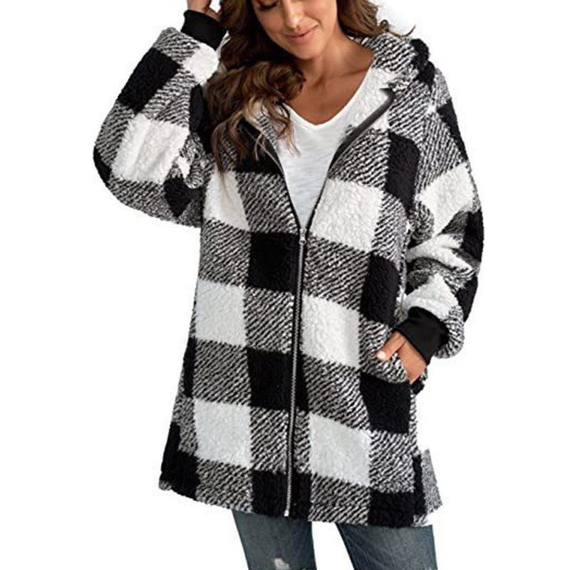 Warm Plaid Fleece Hooded Jacket - Olytrend