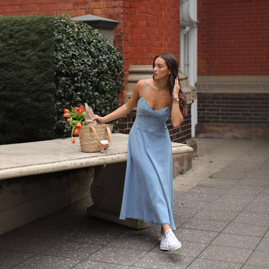 Women's Fitted Denim Midi Dress with Thin Straps - Nocini