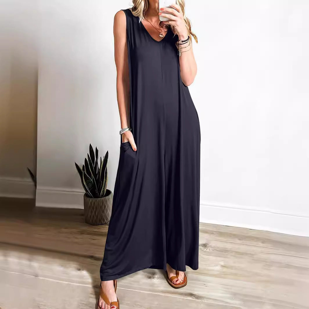 Ladies' Long V-Neck Summer Dress with Pockets - Nocini