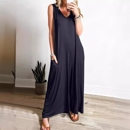 Ladies' Long V-Neck Summer Dress with Pockets - Nocini