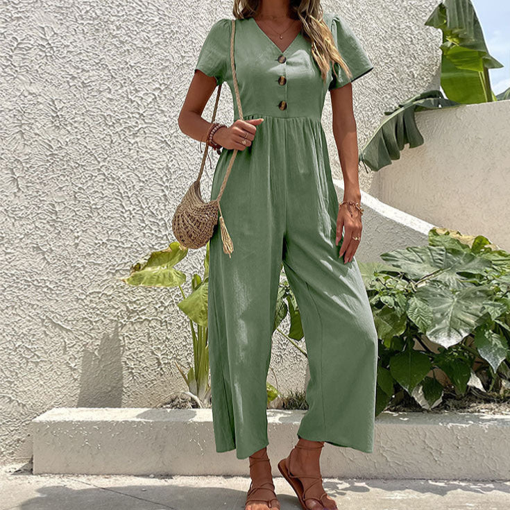 Ladies Linen Pantsuit - Casual Fit - Short Sleeve