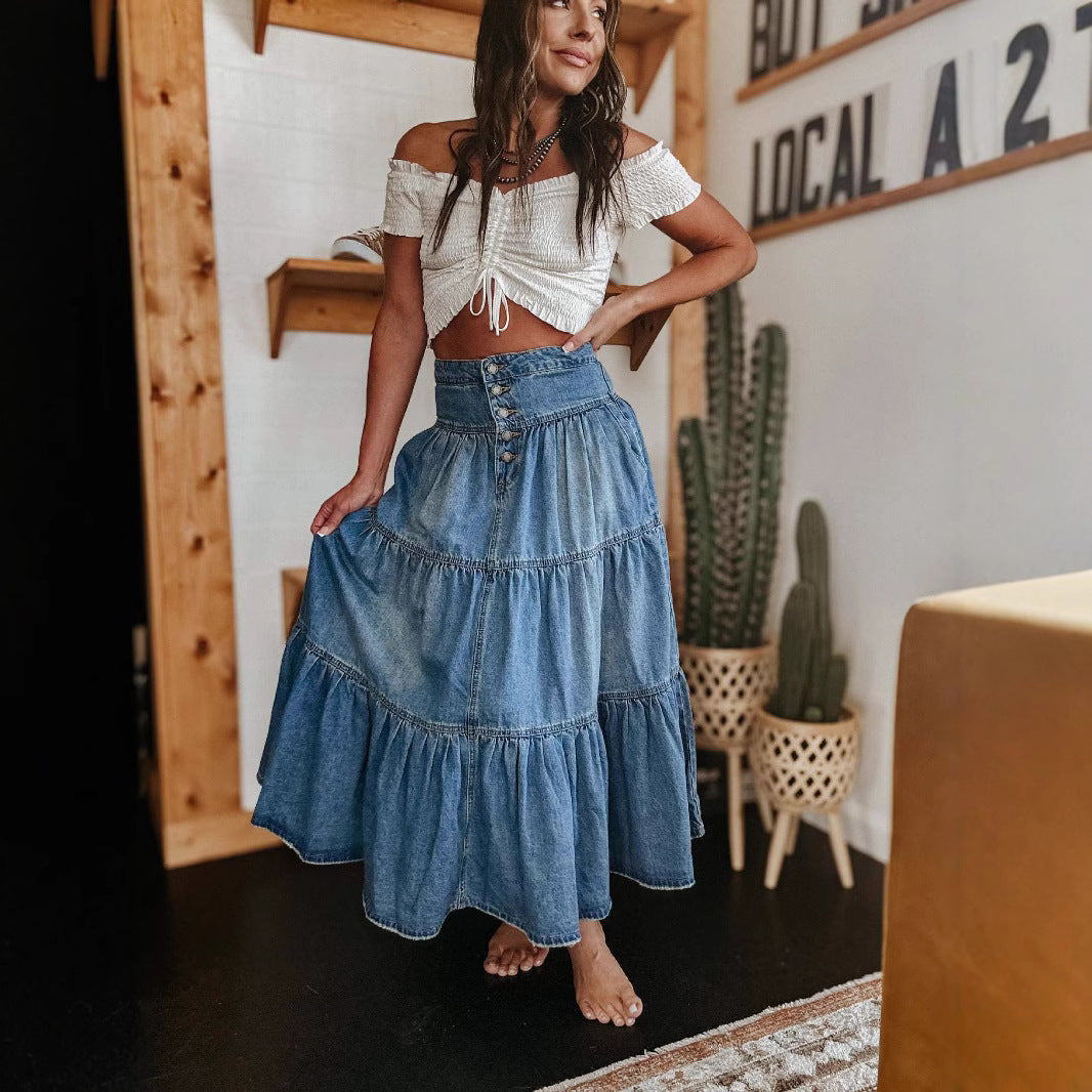 Flared Denim Skirt with Buttons and Tiered Hem - Nocini