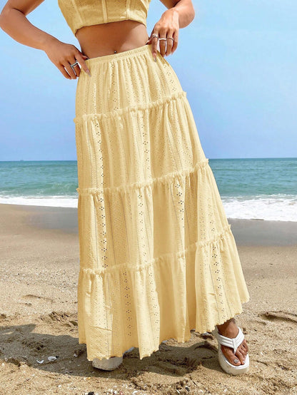 Flirty Midi Skirt with Elastic Waist and Flowy Layers