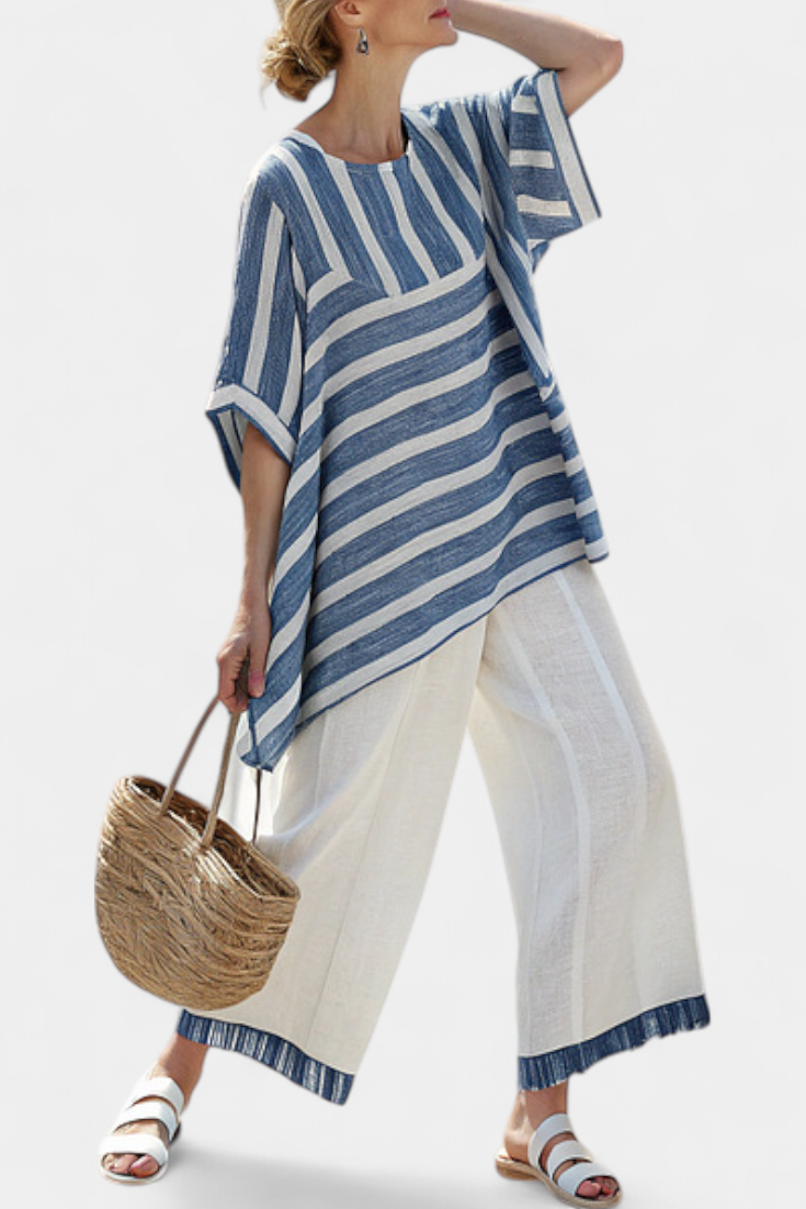 Elegant Navy Blue Stripe Pantsuit Set - Olytrend
