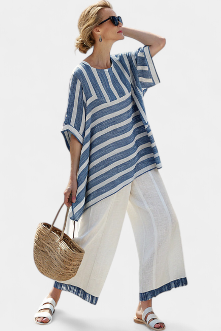 Elegant Navy Blue Stripe Pantsuit Set