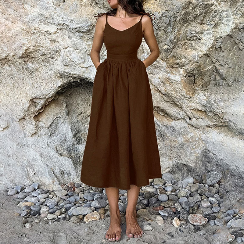 Casual V-Neck Midi Dress with Open Back Detail