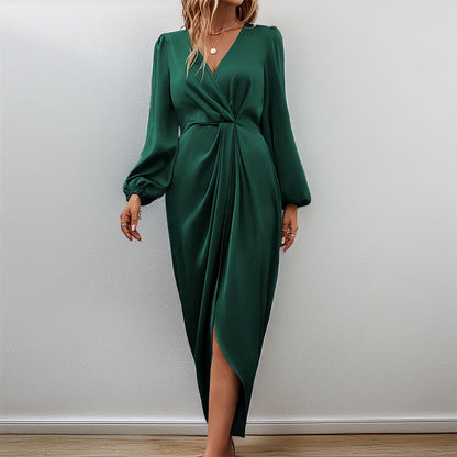 Elegant Long Sleeve V Neck Satin Wrap Dress