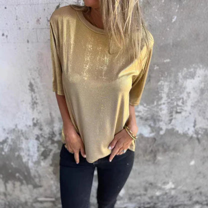 Ladies Loose Fit Satin Blouse Short Sleeve - Nocini