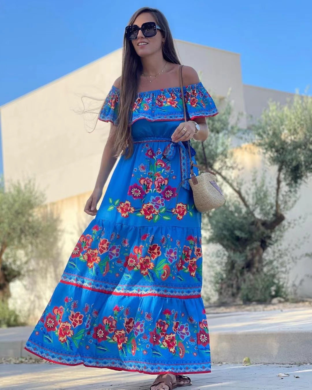 Women's Long Floral Maxi Dress with Elastic Waist