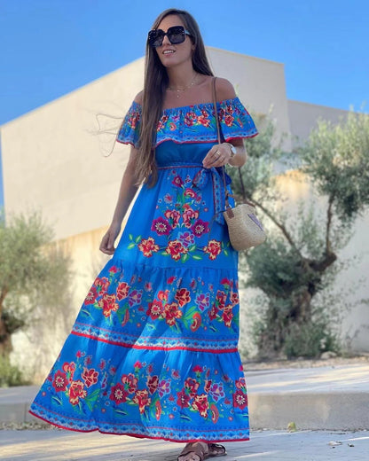Women's Long Floral Maxi Dress with Elastic Waist