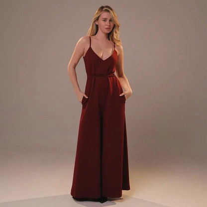 Relaxed Fit Women's V-Neck Linen Jumpsuit