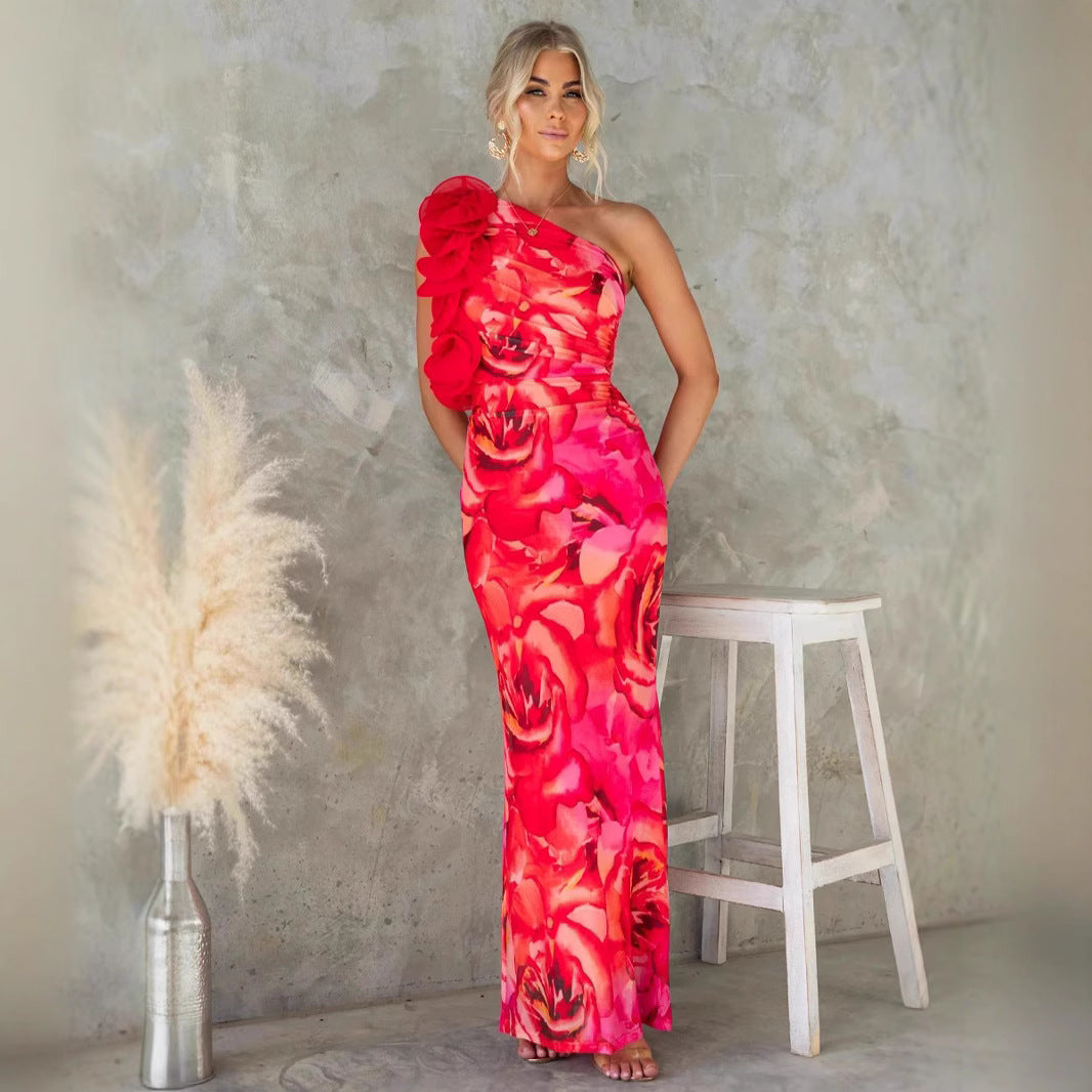 Chic One Shoulder Midi Dress with Floral Detail
