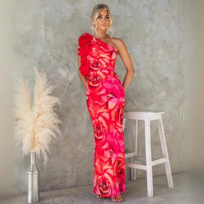 Chic One Shoulder Midi Dress with Floral Detail