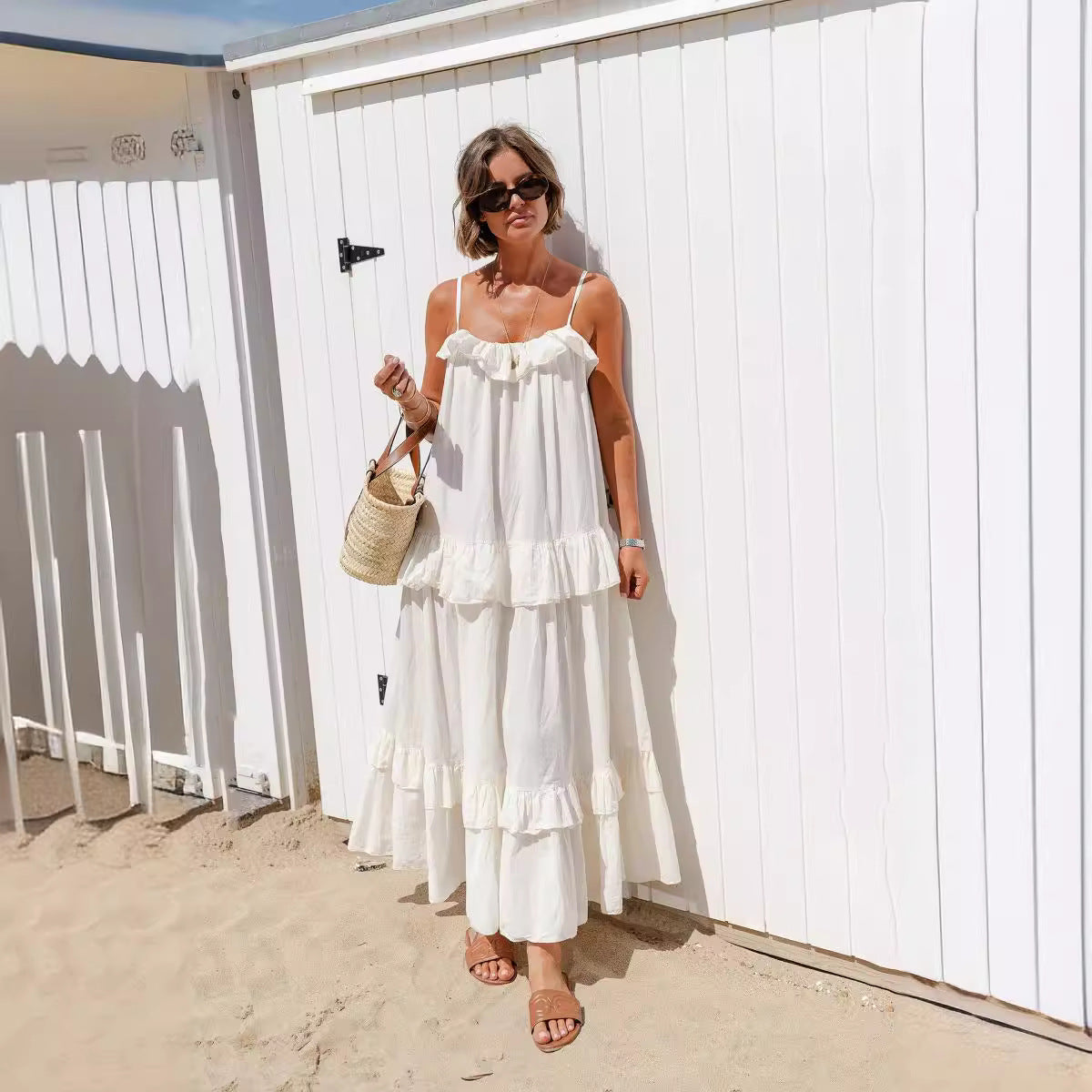 Loose Fit Women's Maxi Dress with Ruffled Neckline - Nocini