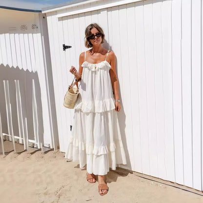 Loose Fit Women's Maxi Dress with Ruffled Neckline - Nocini