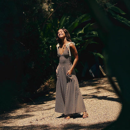 Relaxed Fit V-Neck Maxi Dress with Adjustable Straps - Nocini