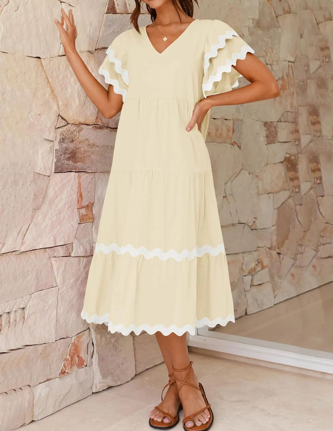 Casual V Neck Ruffle Sleeve Summer Dress