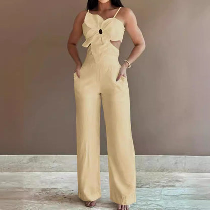 Loose Fit Wide Leg Women's Jumpsuit with Open Back