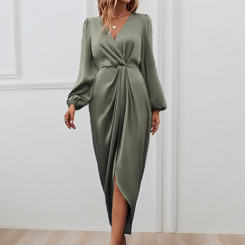 Elegant Long Sleeve V Neck Satin Wrap Dress