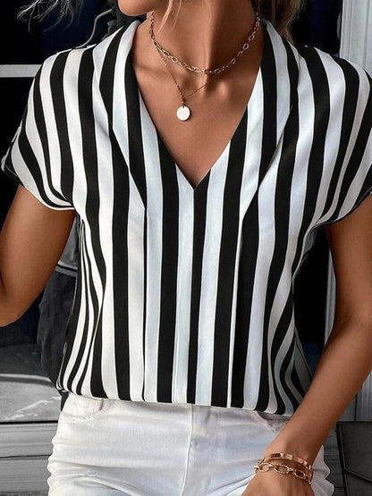 Relaxed Fit Casual Striped V-Neck Blouse