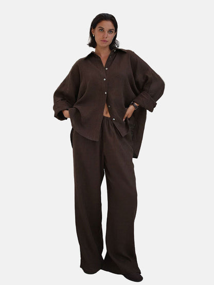 Relaxed Fit Linen Long Sleeve Shirt and Pants Set