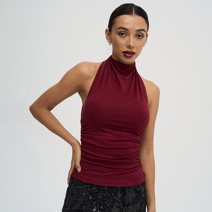 Feminine Fit Halter Top with Ruffled Waist and Backless Design