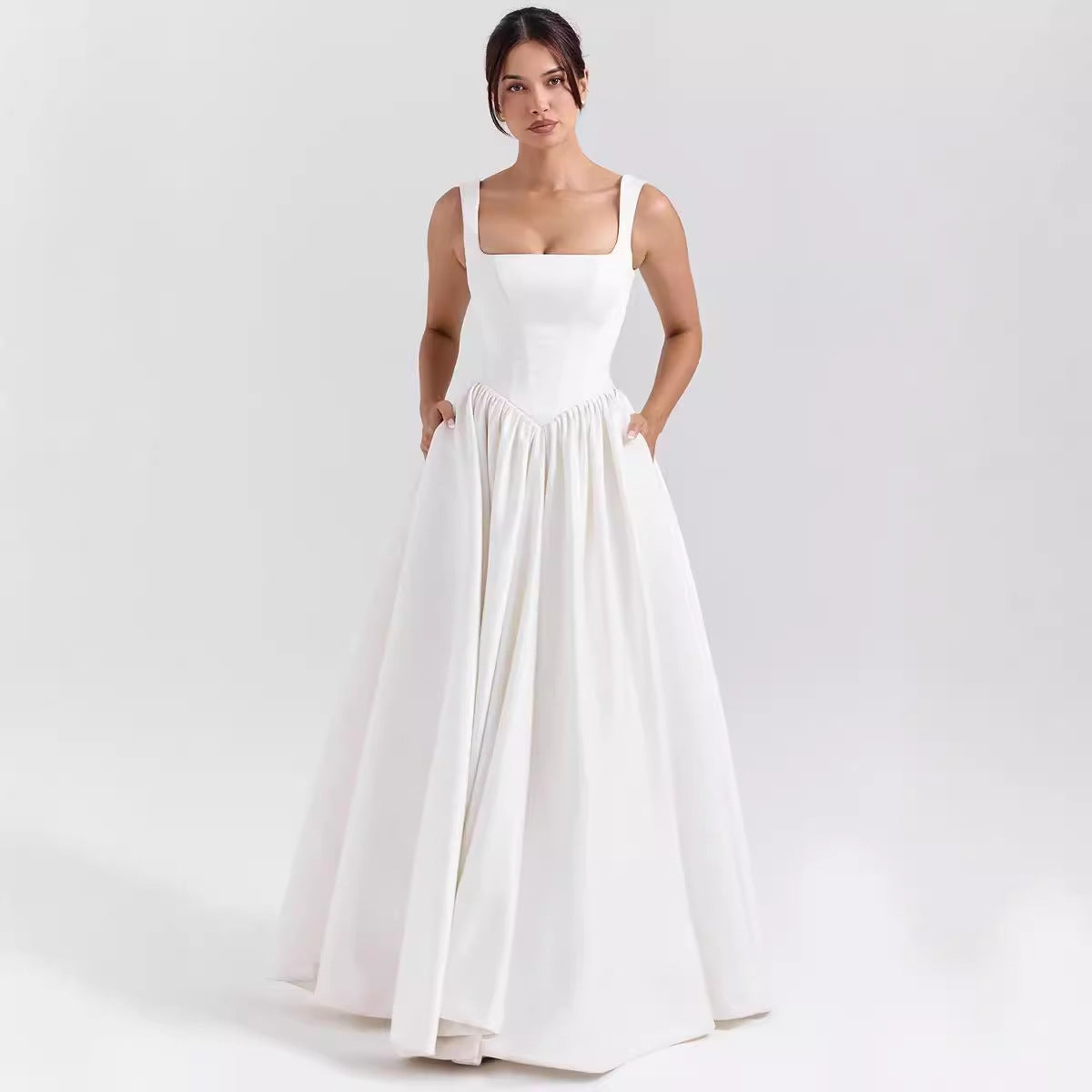 Comfortable Long Cotton Dress with Flared Skirt