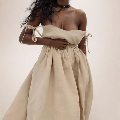 Casual V-Neck Midi Dress with Open Back Detail