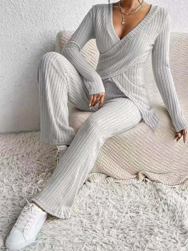 Soft Ribbed Women's Top and Wide Leg Pants Set