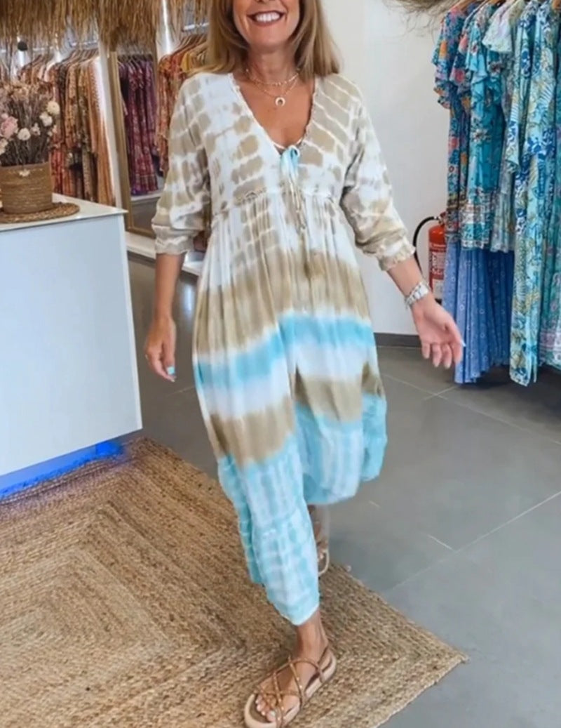 Loose Fit V Neck Midi Dress in Tie Dye Print - Nocini
