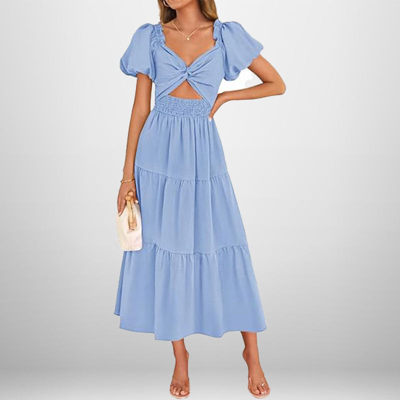 Floral V Neck Maxi Dress with Puff Sleeves