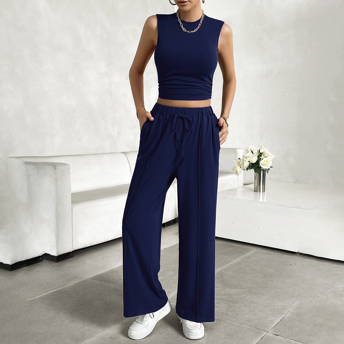 Women's Summer Crop Top and Loose Fit Pants Set