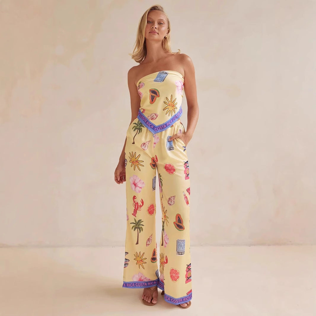 Ladies' Satin Strapless Top and Wide Leg Pants Set