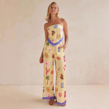 Ladies' Satin Strapless Top and Wide Leg Pants Set