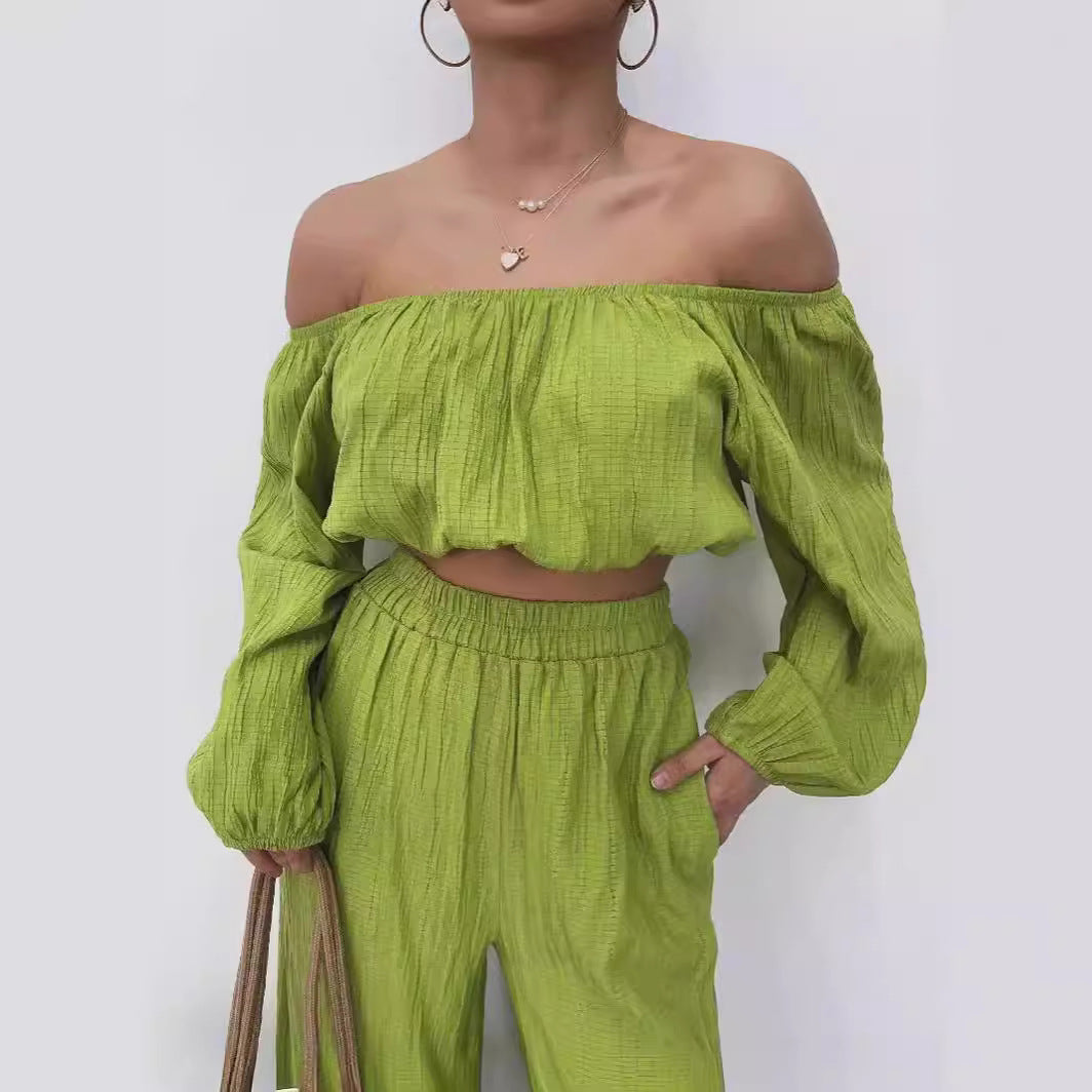 Ladies' Set - Cold Shoulder Cropped Top with High Waist Pants - Nocini
