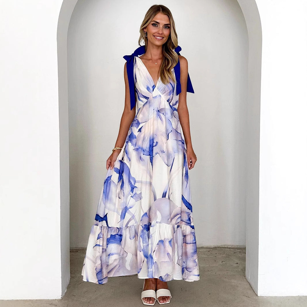 Loose Fit V-Neck Maxi Dress with Adjustable Waist - Nocini