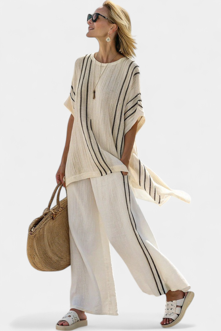 Classic White Linen Top & Black Stripe Trousers