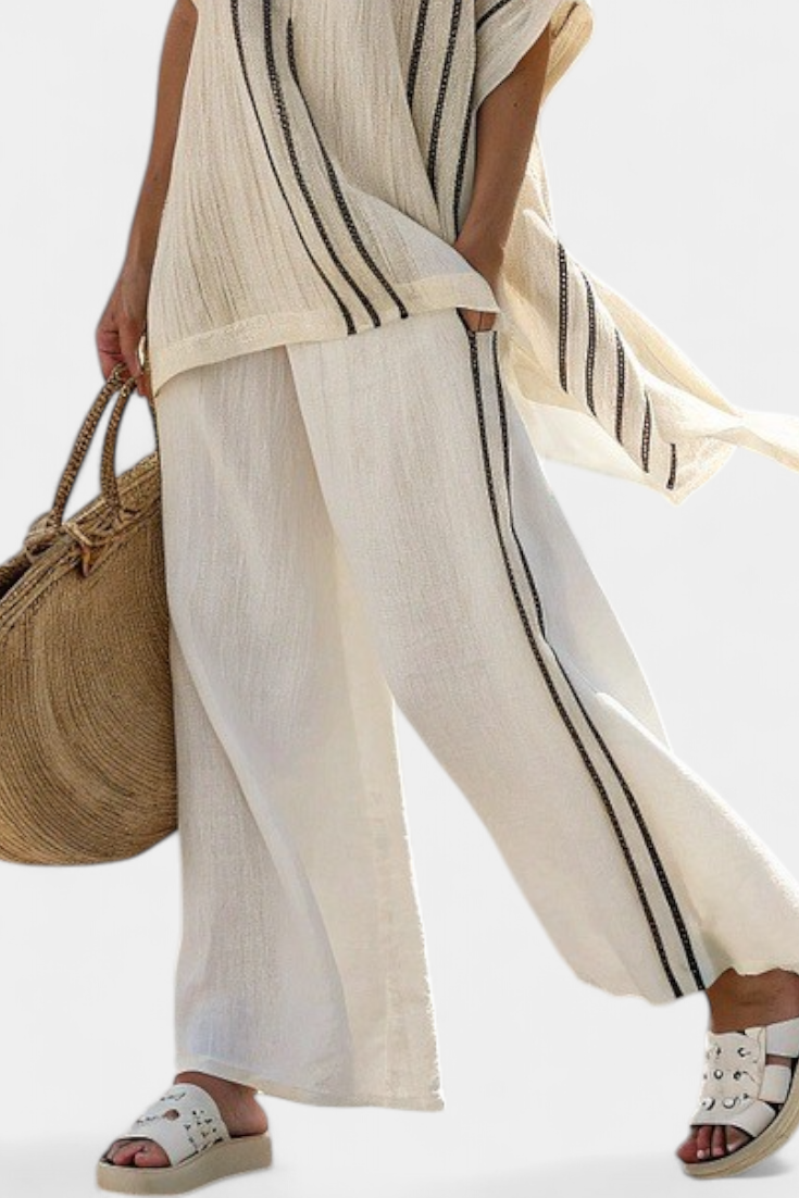 Classic White Linen Top & Black Stripe Trousers