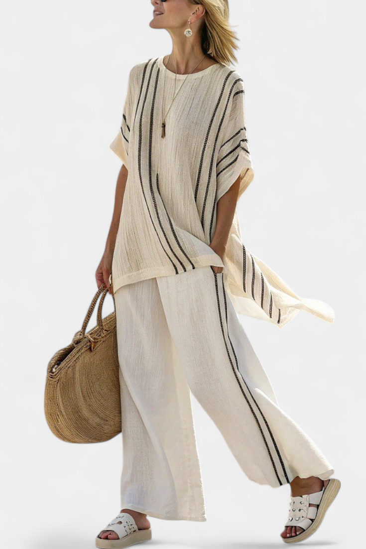 Classic White Linen Top & Black Stripe Trousers - Olytrend