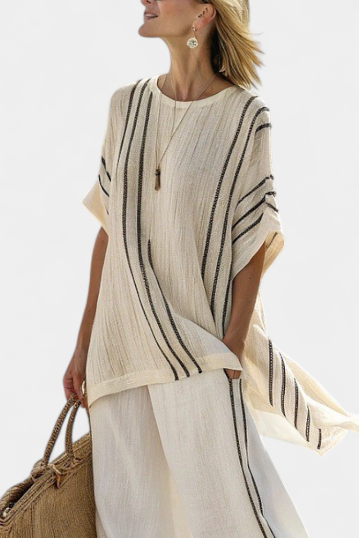 Classic White Linen Top & Black Stripe Trousers
