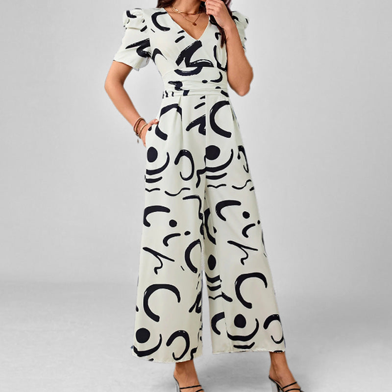 Women's V-Neck Jumpsuit with Puff Sleeves and Wide Legs - Nocini