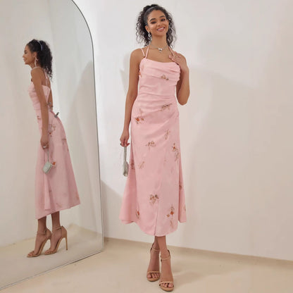 Ladies Satin A-Line Dress with Straps Midi Style