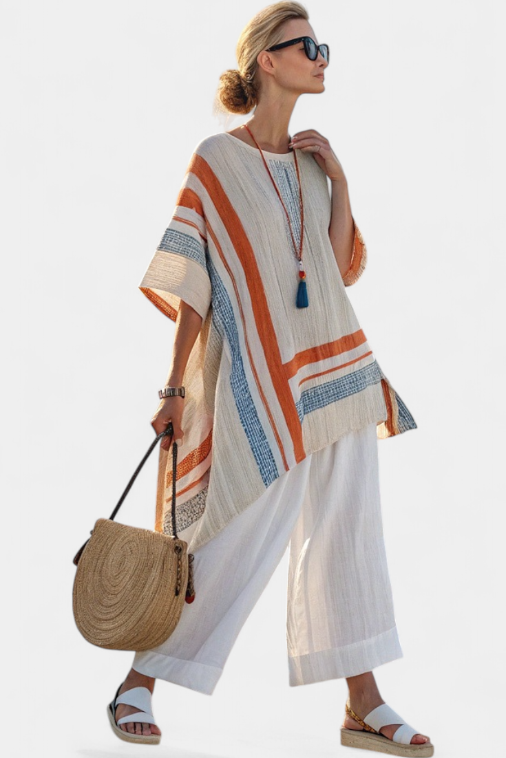 Elegant Off-Center Top and Flowy Linen Trousers