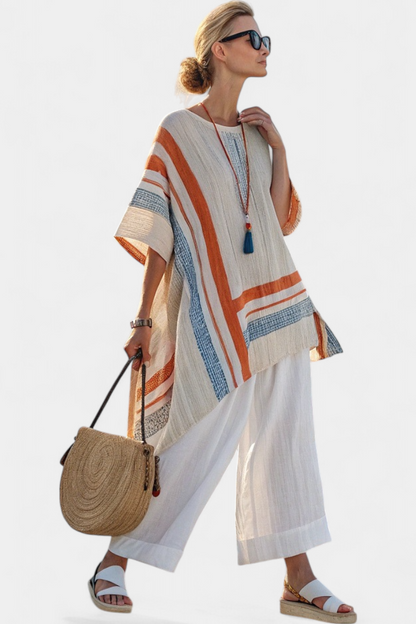 Elegant Off-Center Top and Flowy Linen Trousers