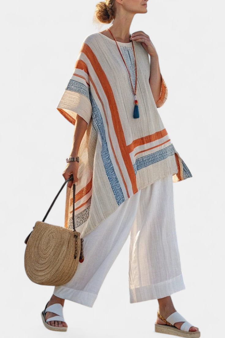 Elegant Off-Center Top and Flowy Linen Trousers - Olytrend