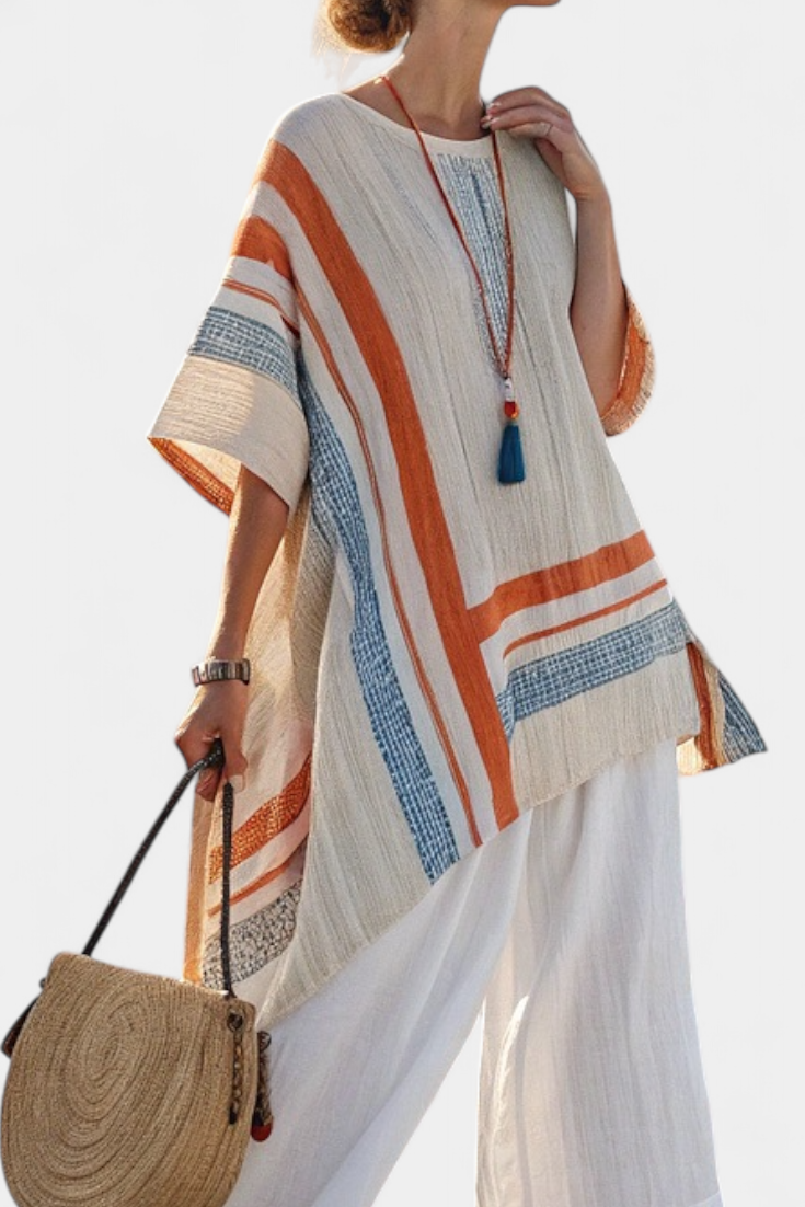 Elegant Off-Center Top and Flowy Linen Trousers